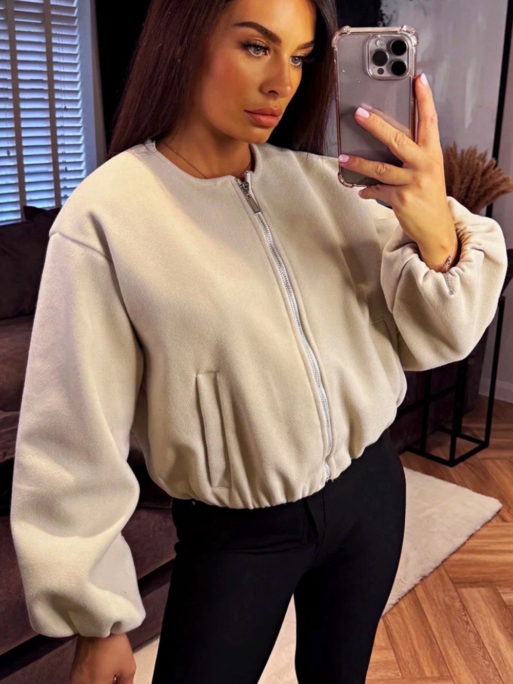 Zara Cream Beige Oats Zip-Front Bomber Jacket size Small